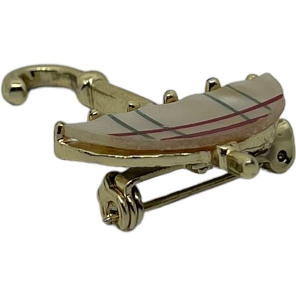 Vintage Umbrella Brooch Pin Mother of Pearl Red Stripe Gold Tone 1960s Parasol - Picture 10 of 15